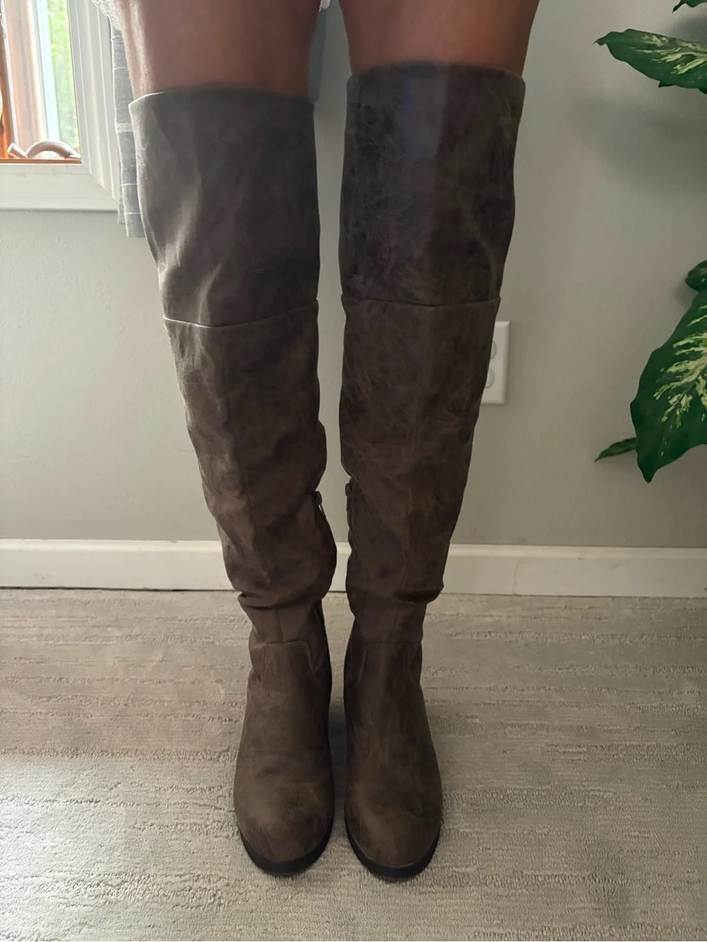 JustFab Norra Taupe Faux Suede OTK Boots 9 Boho Whimsigoth Indie